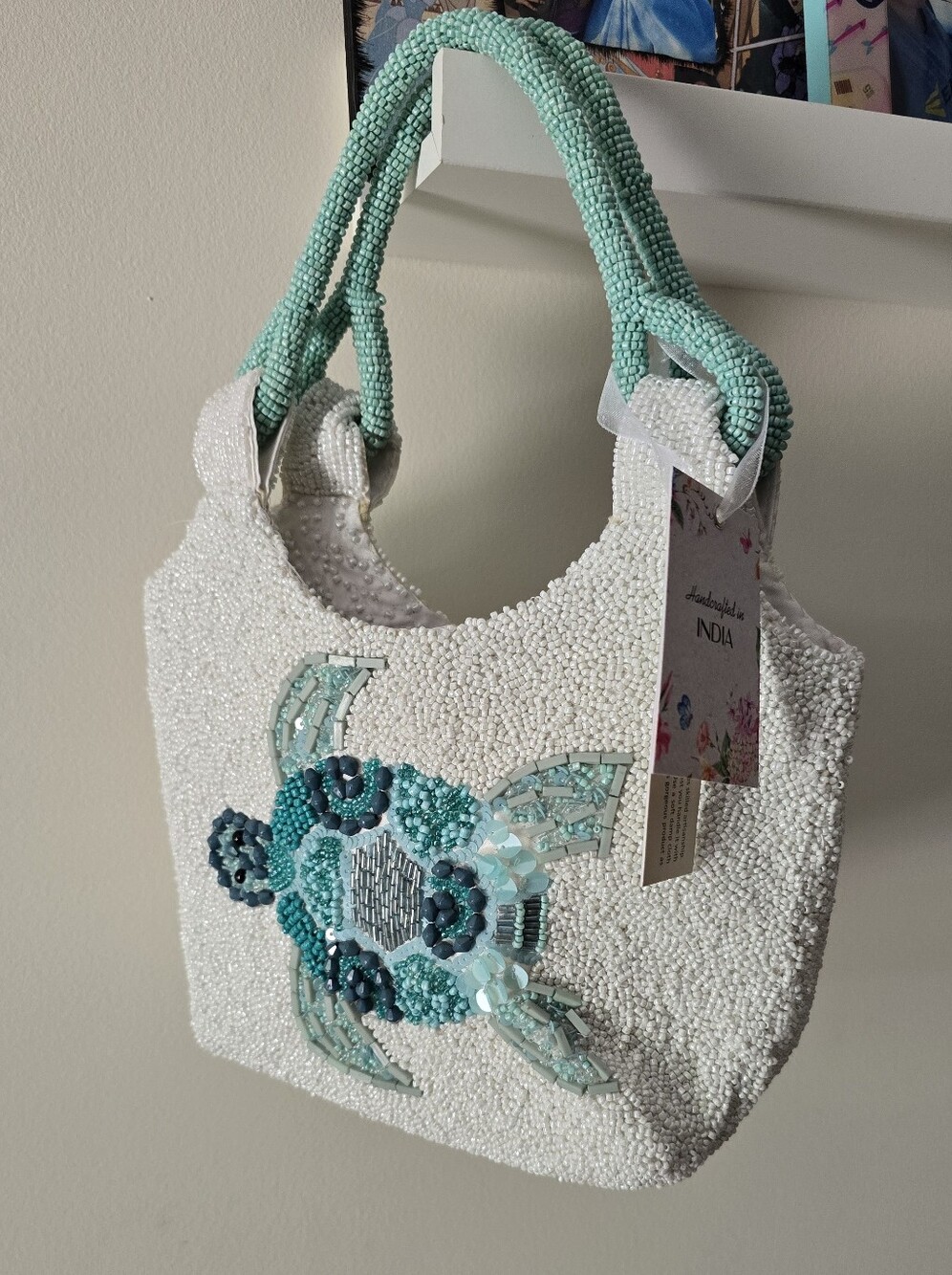 Beaded Sea Turtle Mini Tote Bag White & Aqua Beach Purse